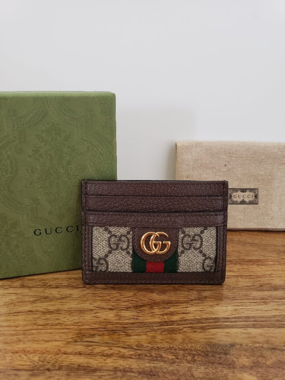 Authentic Gucci Ophidia GG Supreme Canvas Card Holder Wallet Dust Bag Box 523159